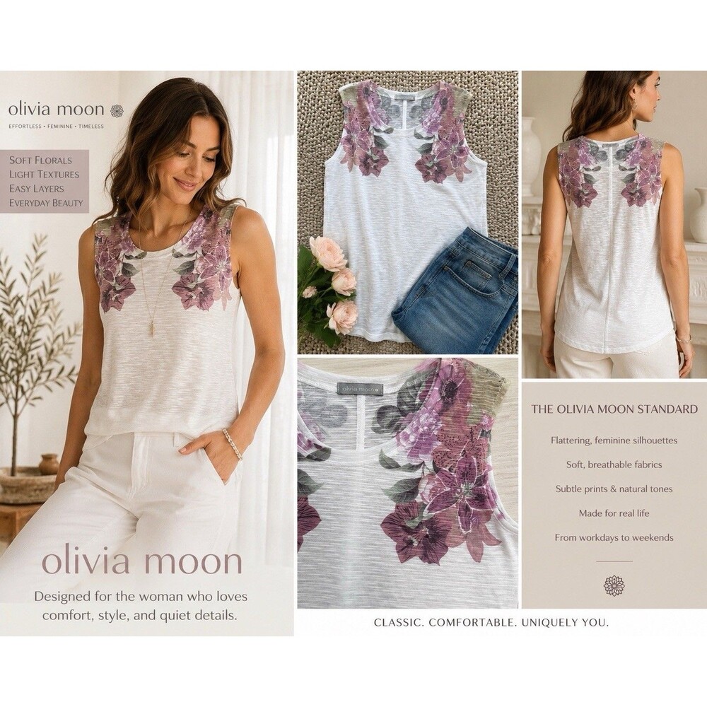 EUC Olivia Moon Floral Mesh Tank Soft Romantic Lagenlook Coastal Boho M Feminine